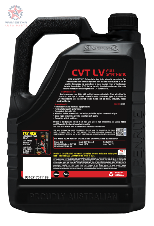 Penrite CVT Fluid Low Viscosity – 4L Full Synthetic (Jatco/Van Doorne, NS-3 / J4)