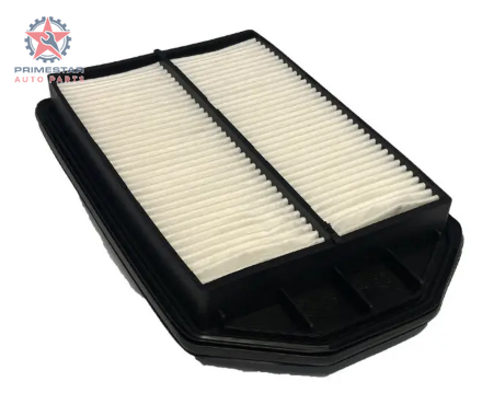 Car air filter with black frame and white pleated material on a white background, branded 'Primestar Auto Parts'.